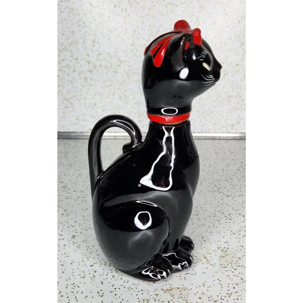 Shafford Japan Redware Black Cat Red Bow Sake Cruet Bottle Vintage HTF Rare
